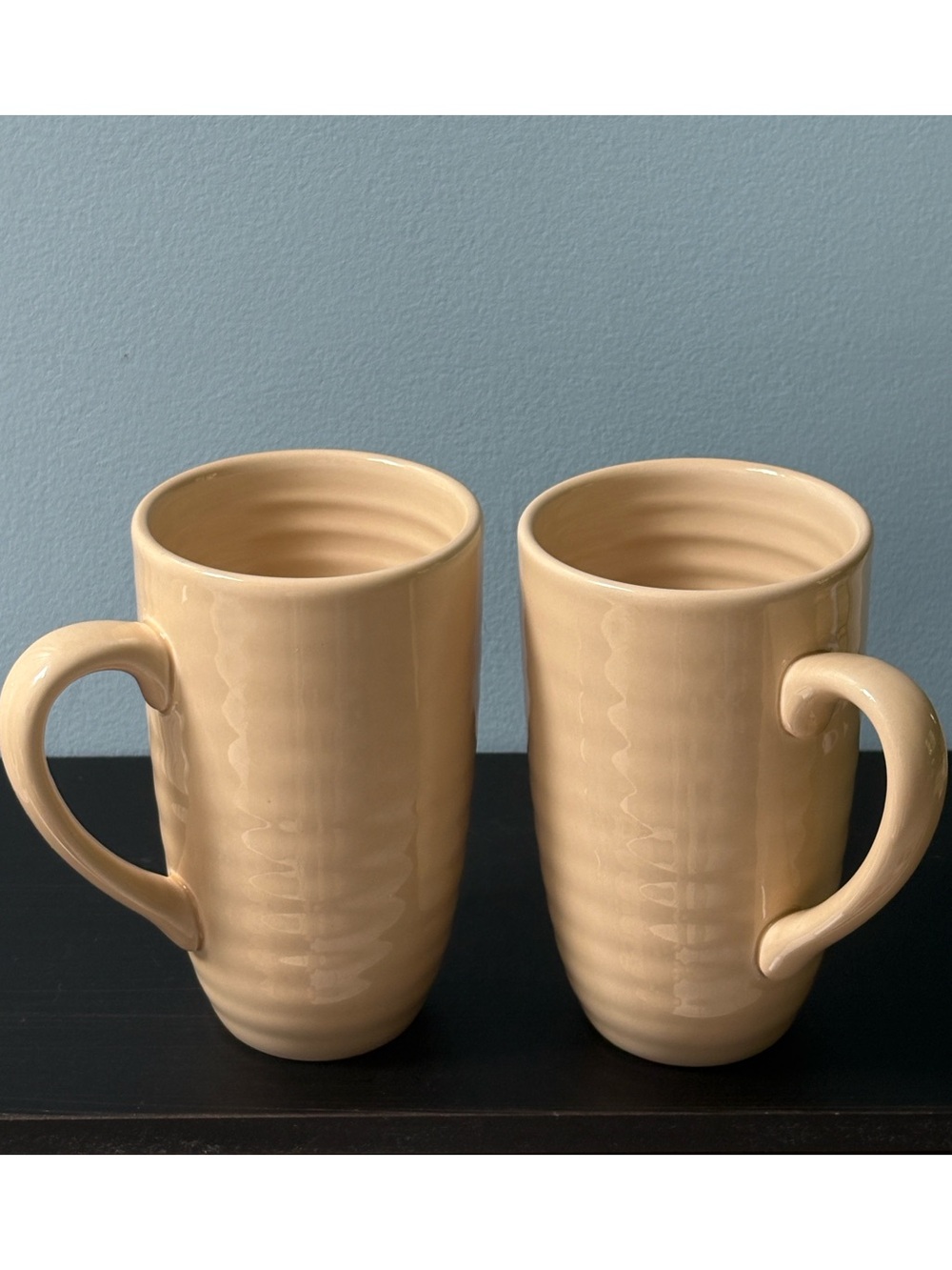 Food Network Cream Ribbed Stoneware Ceramic Glazed Coffee Mug Tall 6" - Set of 2
